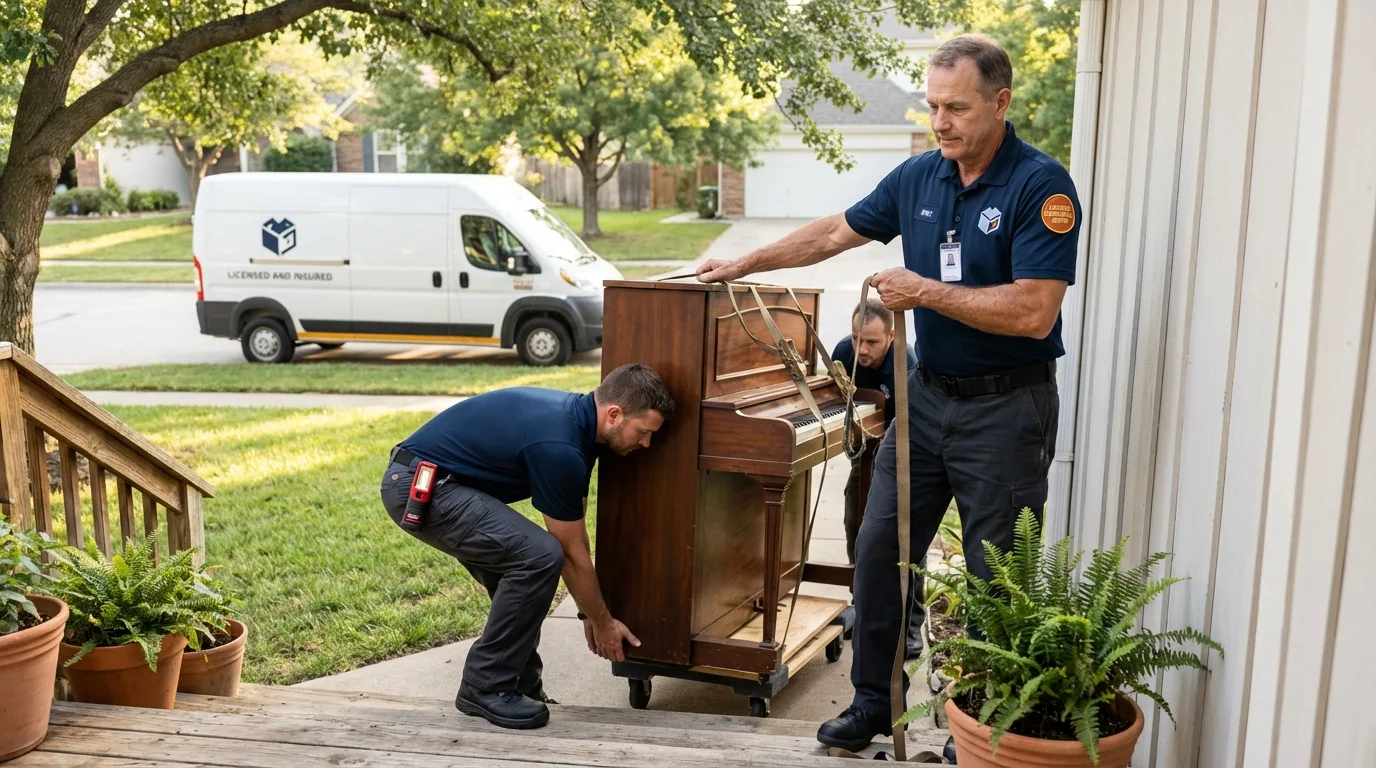 Licensed piano movers securing grand piano in Verona, WI
