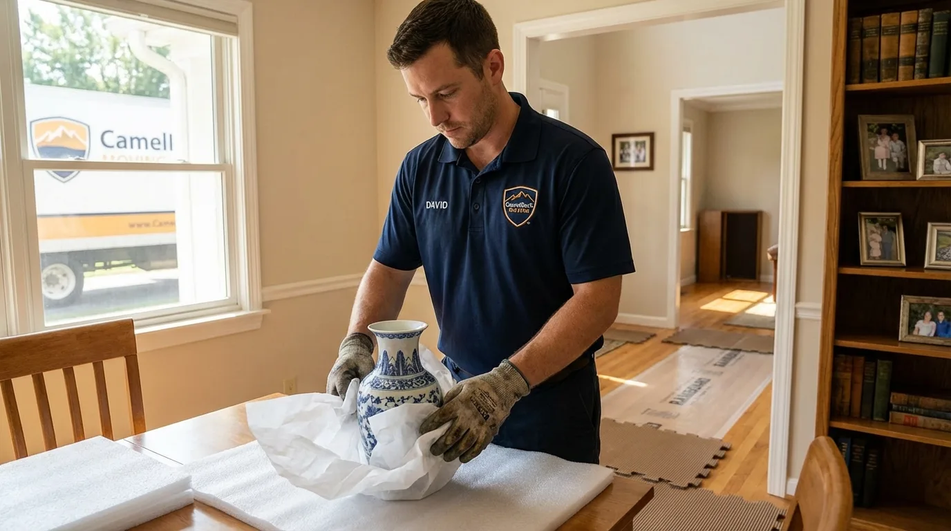 Professional crew carefully wrapping antique vase for senior downsizing move in Verona, WI